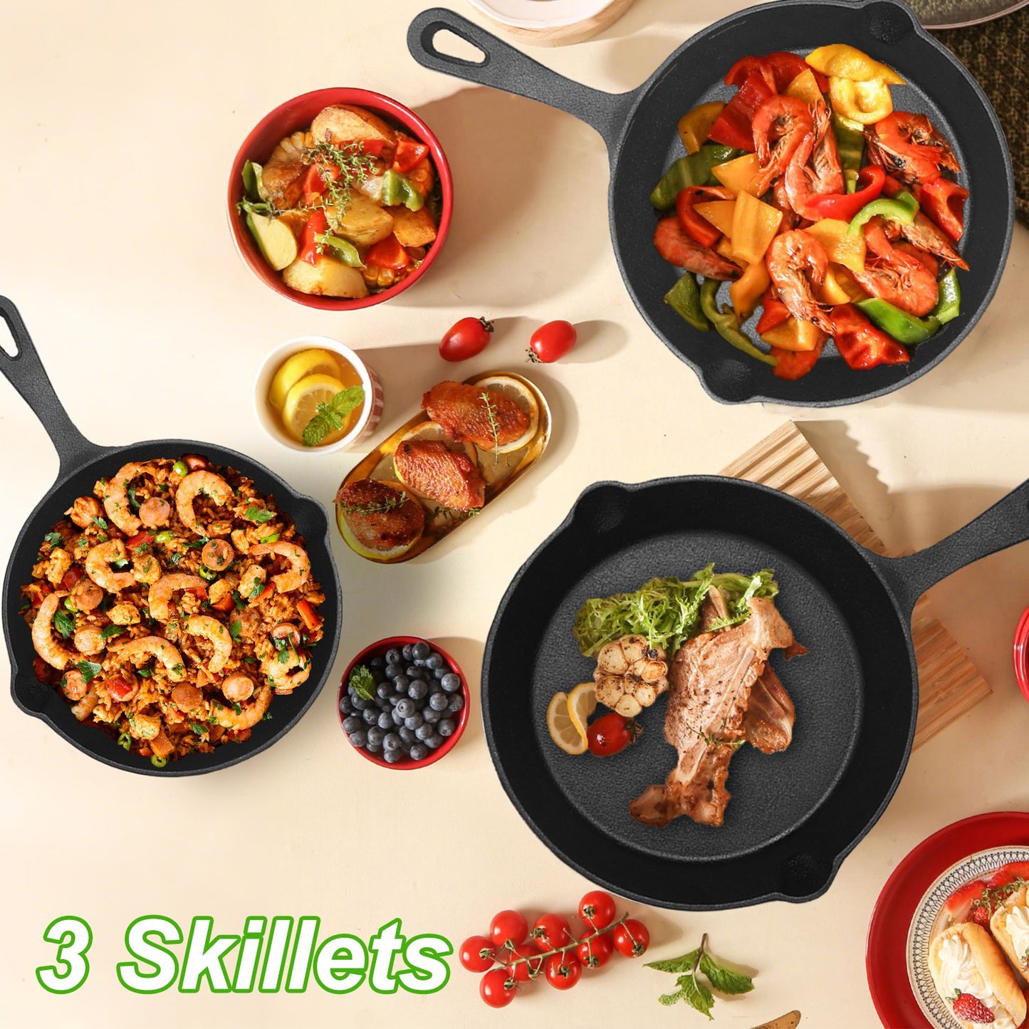 3Pc Cast Iron Non-Stick Skillet Set