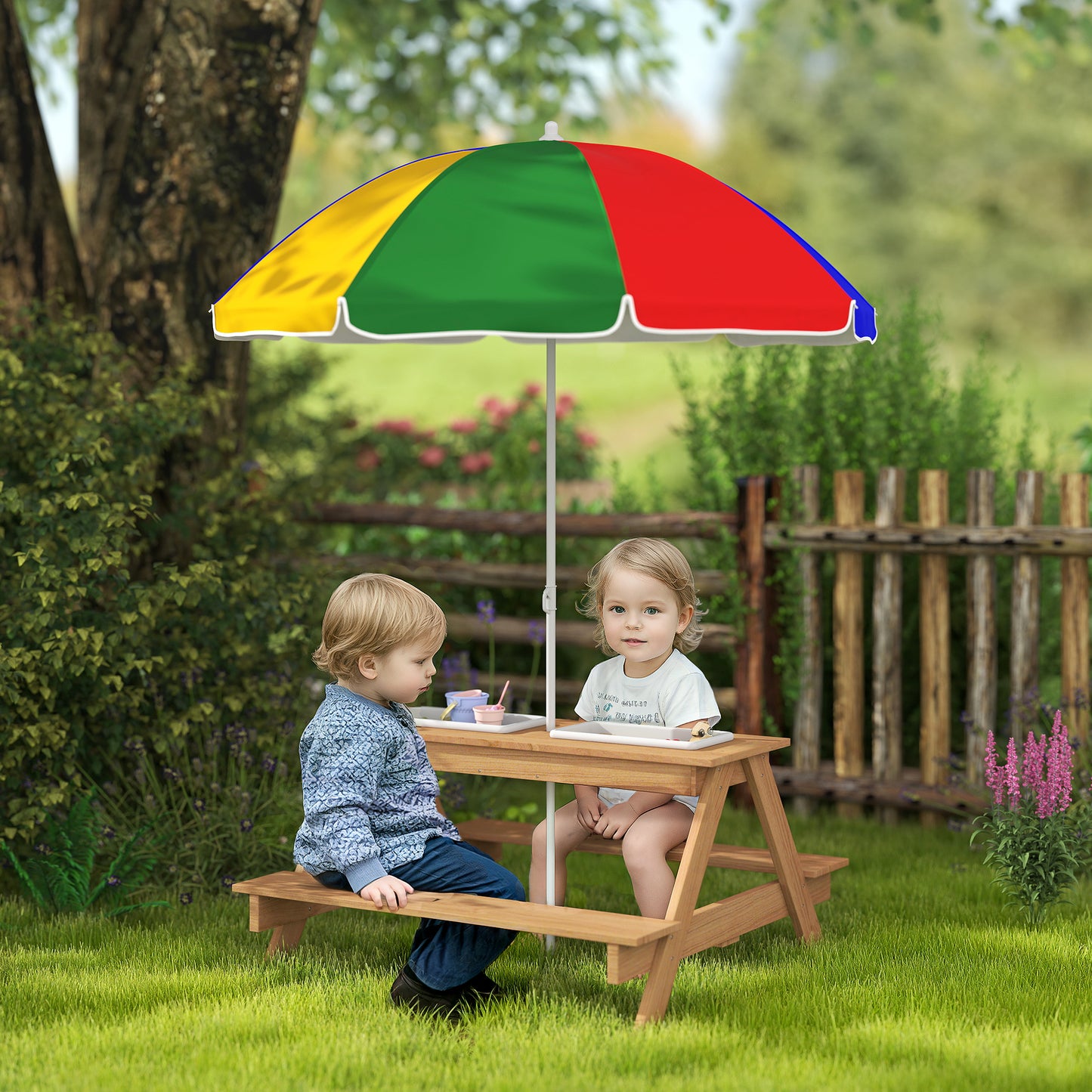 Wooden Outdoor Kids Picnic Table With Removable Umbrella