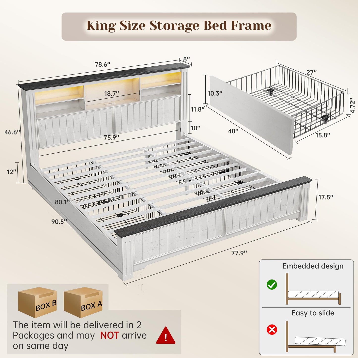 King Bed Frame, Headboard & Storage, with Drawers and Built-in LED Charging Station
