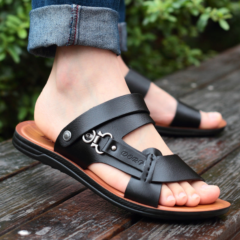 Summer leather sandals men's slippers 2024 new soft bottom beach sandals summer outdoor casual sandals men's trend