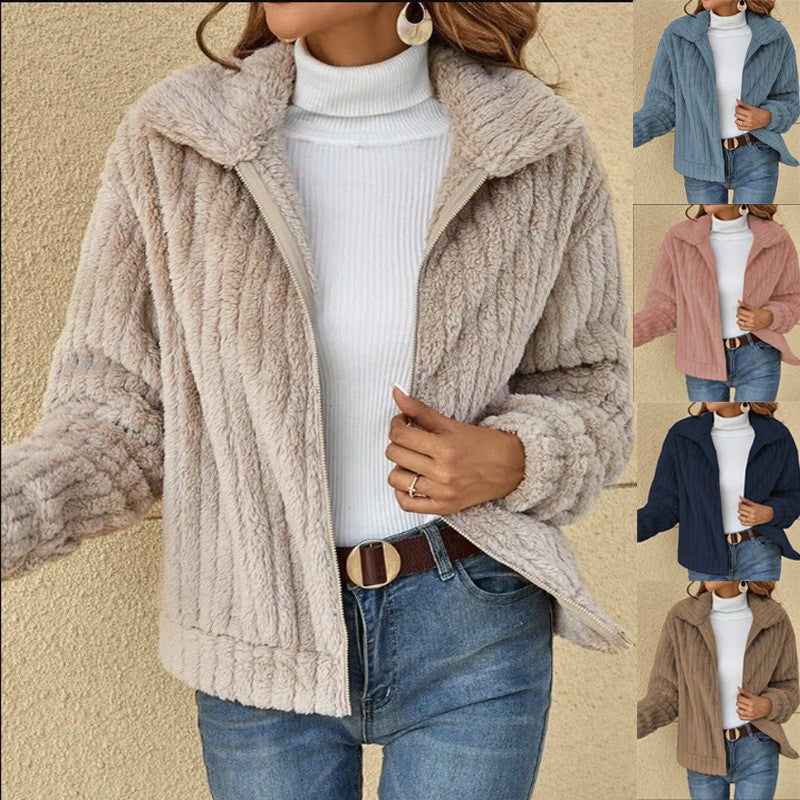 2024 new cross-border autumn and winter plush cardigan lapel short coat