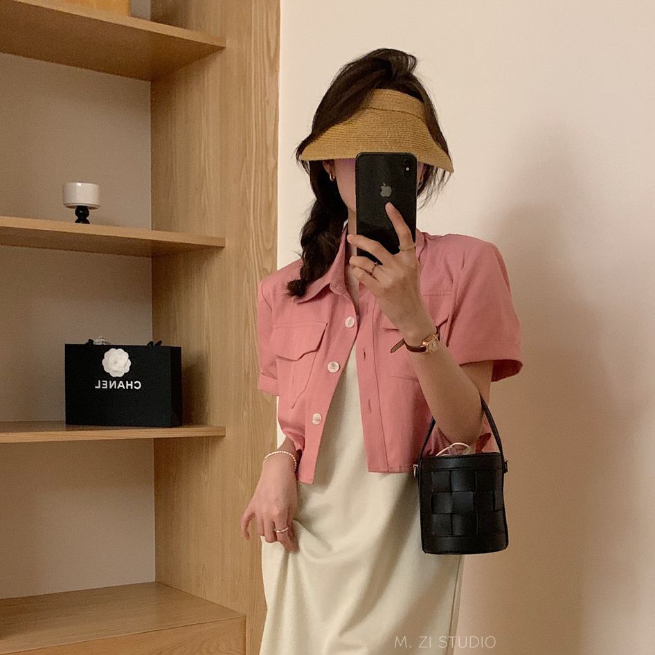 M.ZI summer Korean version simple all-match short-sleeved single-breasted button lapel short denim jacket women's tops wholesale summer