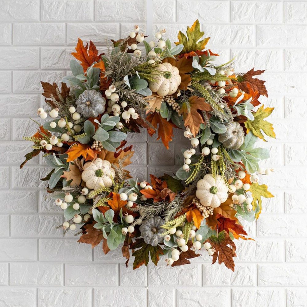 Independent stand autumn white pumpkin maple leaf wreath Amazon Thanksgiving harvest festival autumn simulation wreath pumpkin