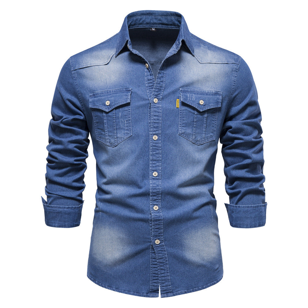 2022 foreign trade trend new American size denim non-ironing shirt men's casual solid color non-ironing men's long-sleeved shirt
