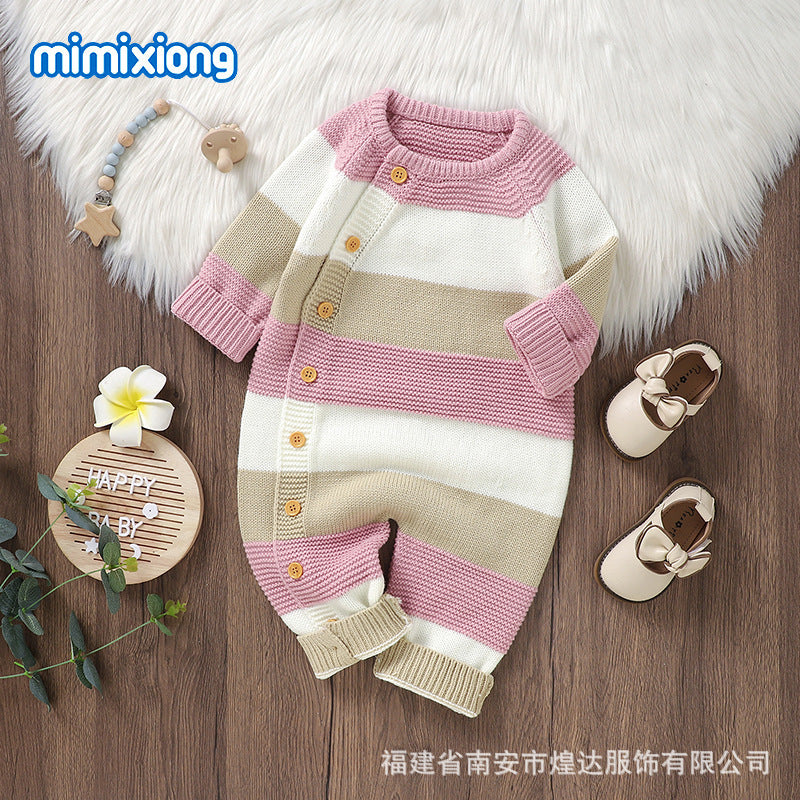 ins hot sale autumn and winter new baby knitted striped one-piece romper climbing clothes boys and girls baby single-breasted jumpsuit