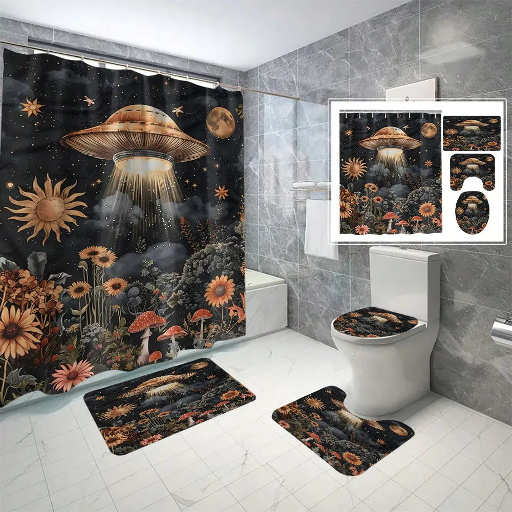4pcs Set Vintage Printed Shower Curtain Set