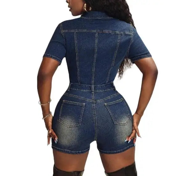 Women's Casual High Stretch Short Sleeved Slim Fit Denim Jumpsuit