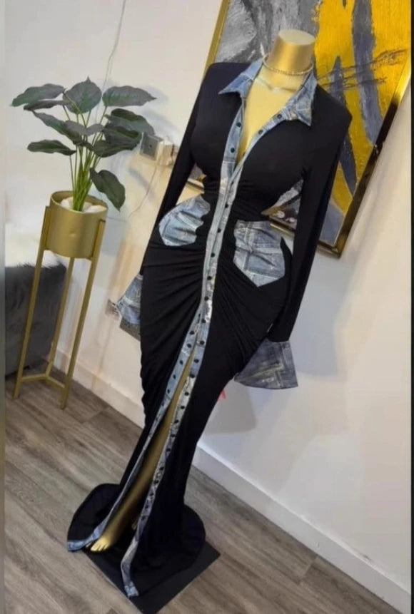 Women Denim Print Flare Long Sleeve Single Breasted Ruched Bodycon Dress