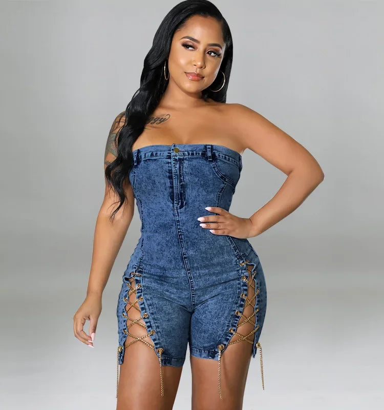 Women's Elegant Splice Denim Jumpsuits Romper
