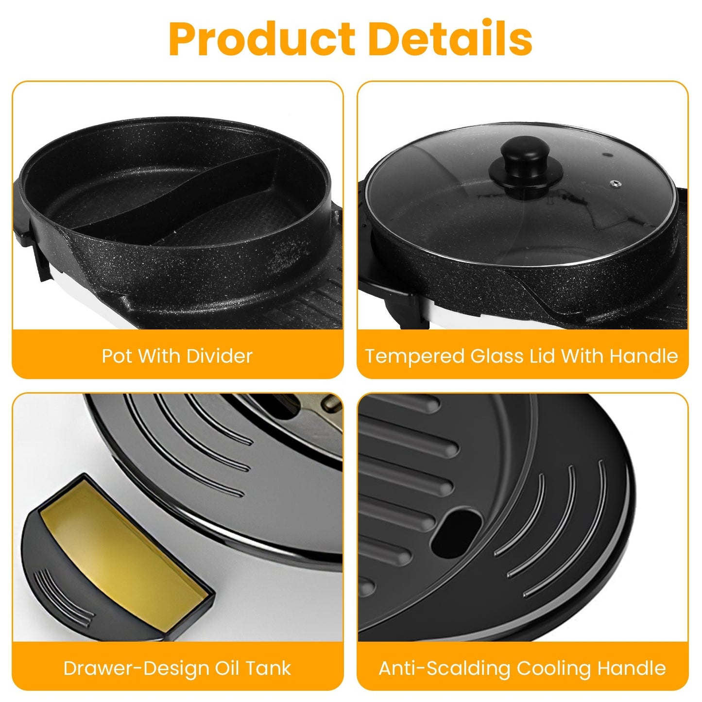 2200W 2 In 1 Electric Hot Pot With BBQ Grill Cooker Smokeless Non-Stick