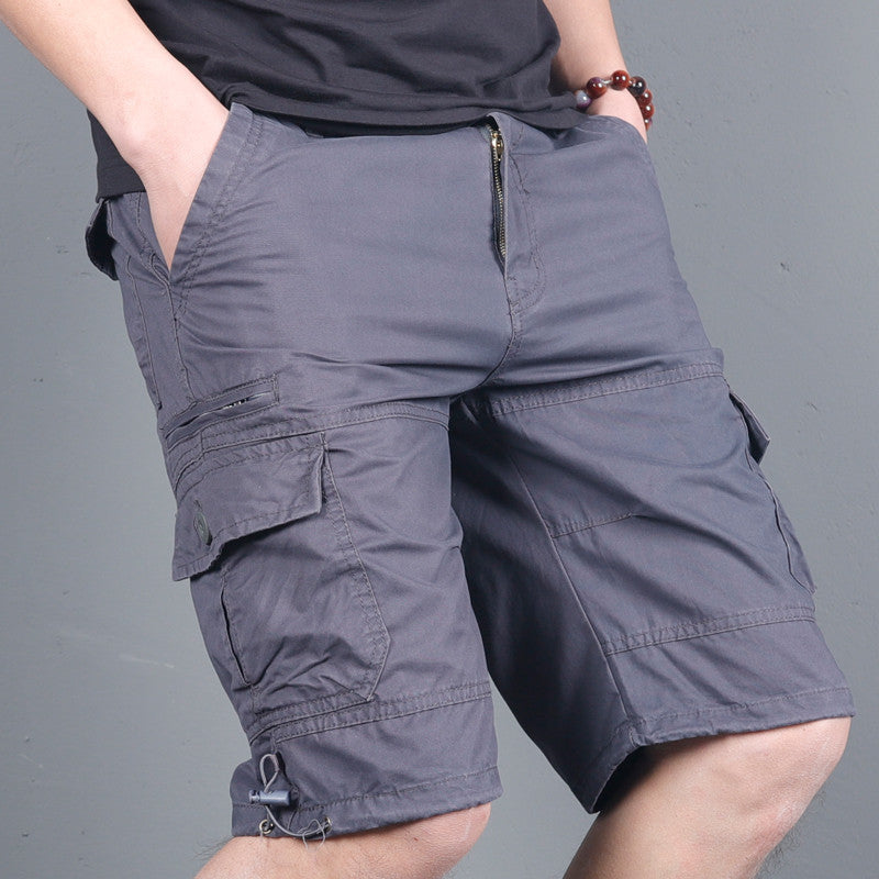 Summer men's loose casual shorts mid-length pants with multiple pockets work shorts small zipper shorts elastic waist large pants