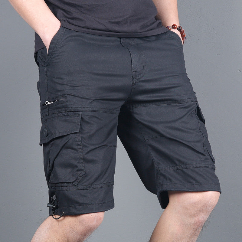 Summer men's loose casual shorts mid-length pants with multiple pockets work shorts small zipper shorts elastic waist large pants