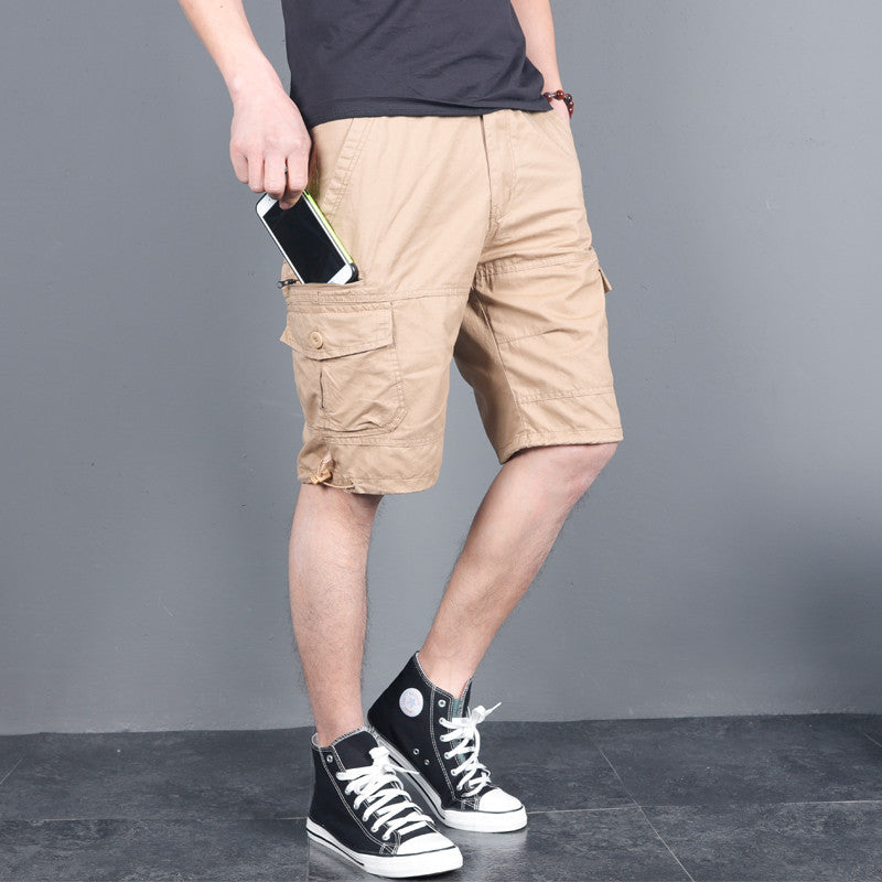 Summer men's loose casual shorts mid-length pants with multiple pockets work shorts small zipper shorts elastic waist large pants