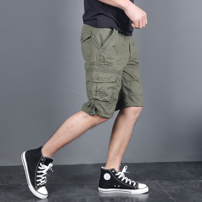 Summer men's loose casual shorts mid-length pants with multiple pockets work shorts small zipper shorts elastic waist large pants