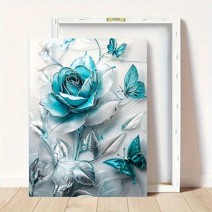 Turquoise Blue Crystal Rose & Teal Butterflies Canvas Wall Art With Wooden Frame
