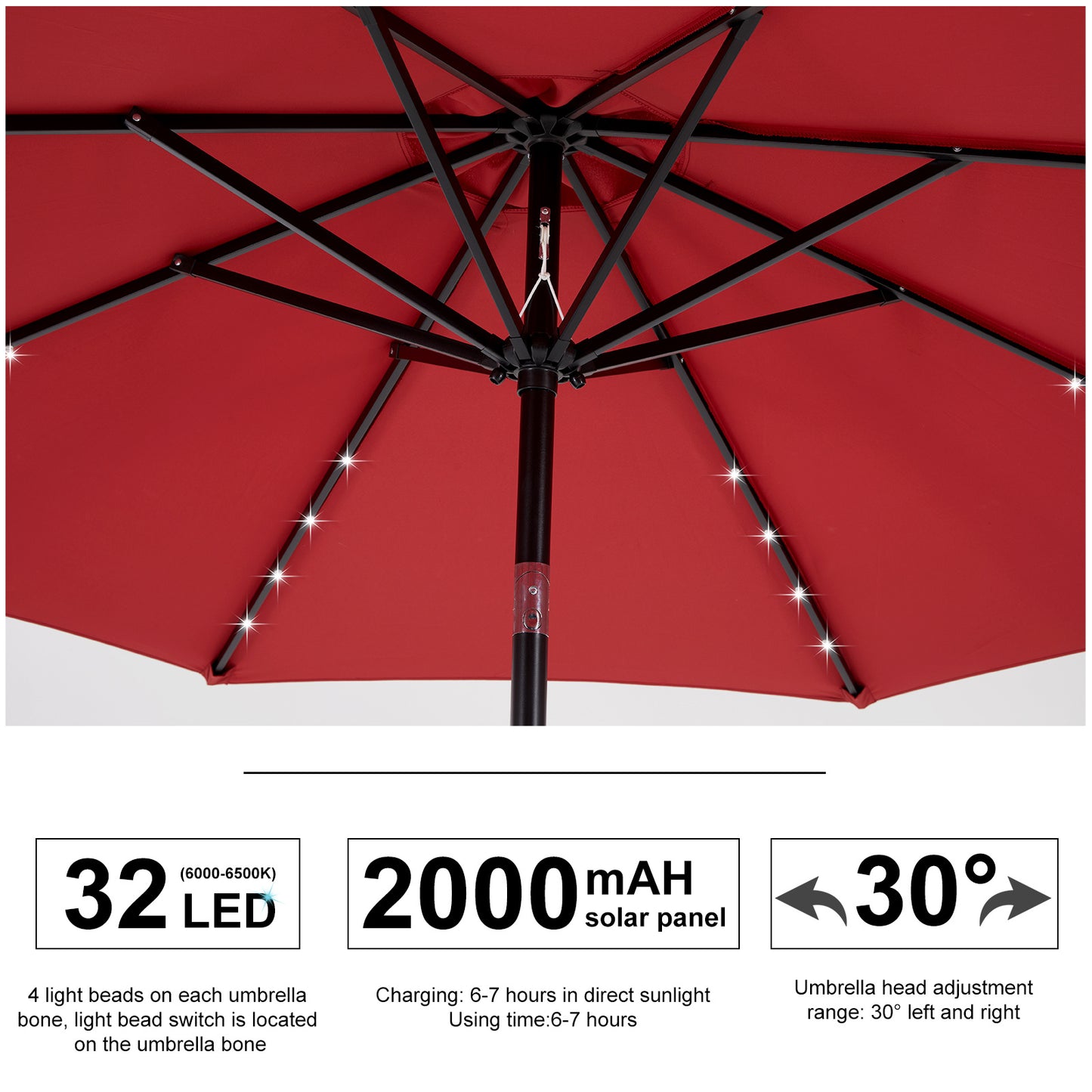 Solar 32 LED Lighted Patio Umbrella With Tilt Adjustment And UV-Resistant Fabric