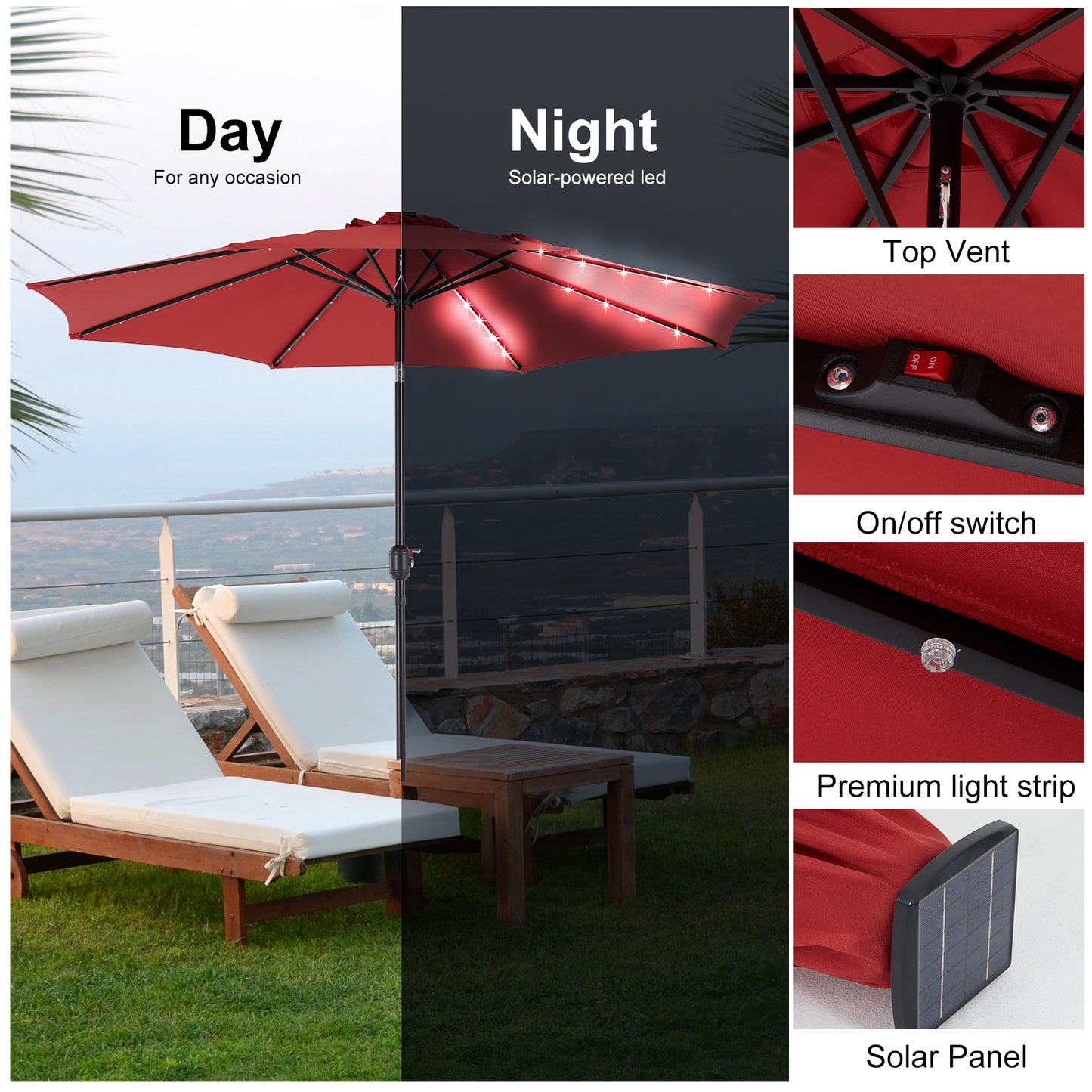 Solar 32 LED Lighted Patio Umbrella With Tilt Adjustment And UV-Resistant Fabric