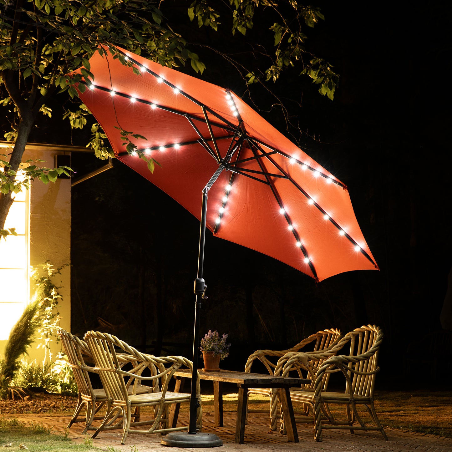 Solar 32 LED Lighted Patio Umbrella With Tilt Adjustment And UV-Resistant Fabric