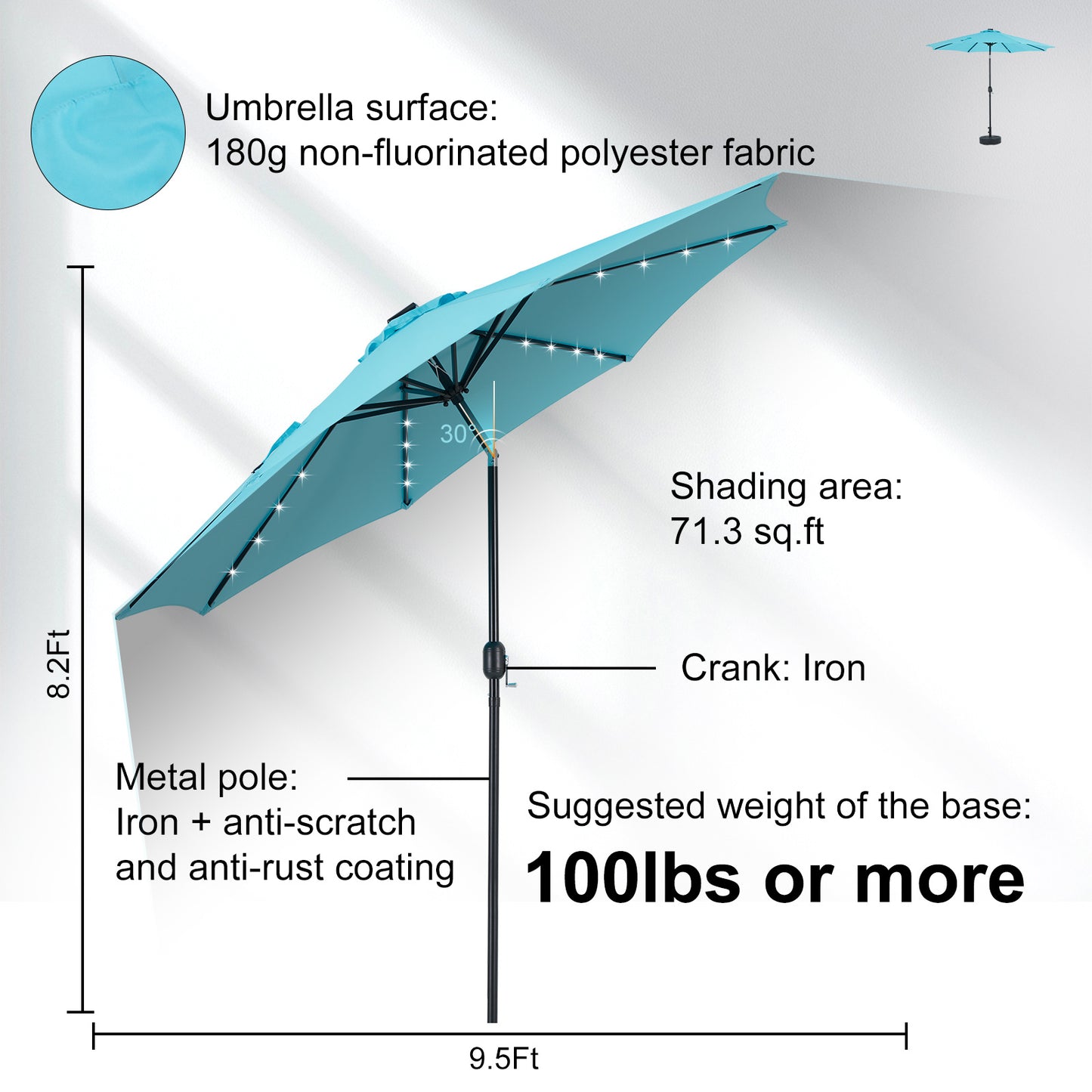 Solar 32 LED Lighted Patio Umbrella With Tilt Adjustment And UV-Resistant Fabric