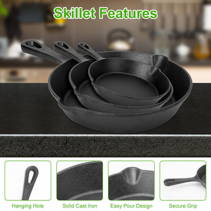 3Pc Cast Iron  Non-Stick Skillet Set