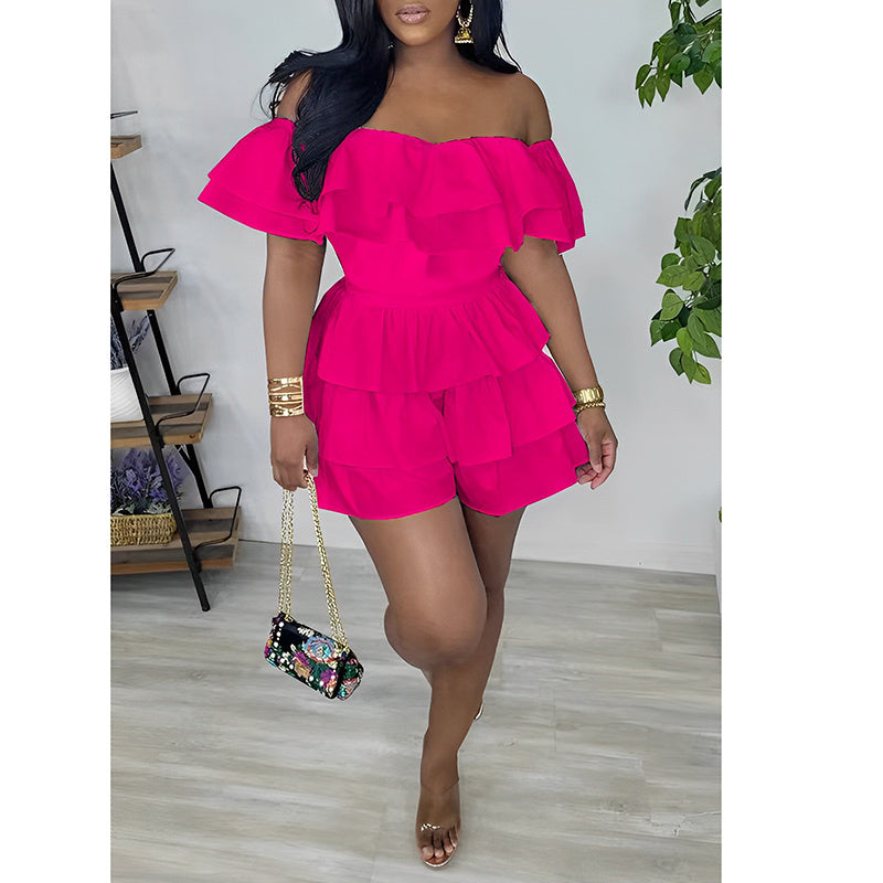 Womens Sexy Off Shoulder Rompers Summer Ruffle Short Sleeve Tiered Short Jumpsuits
