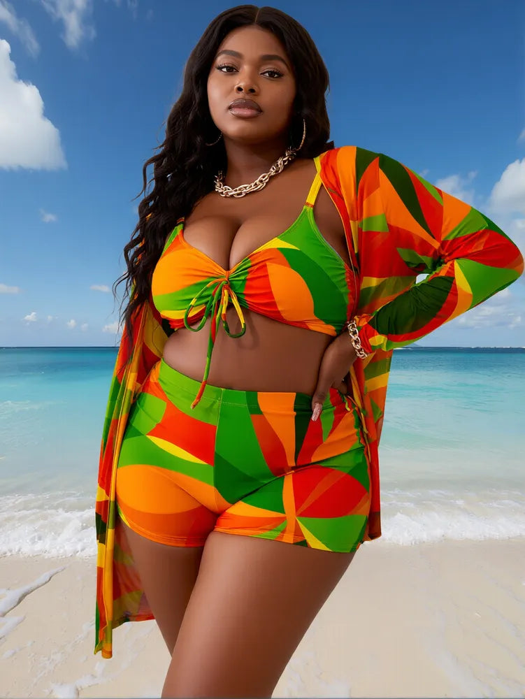 3Pc Multi-Color Patchwork Printed V-Neck Swimsuit