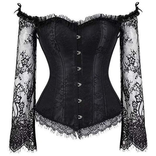 Women's Vintage Corset Top With Lace Long Sleeves, Off-Shoulder Sexy Laced Blouse