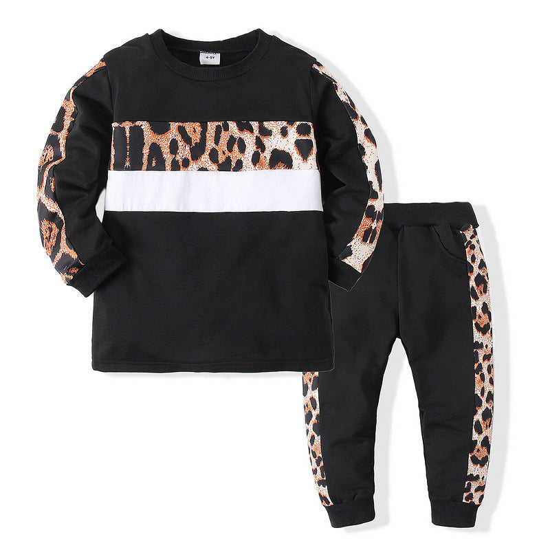 Cross-border trendy sports children's clothing 2021 spring new boys and girls long-sleeved leopard print T-shirts casual trendy clothes two-piece suit