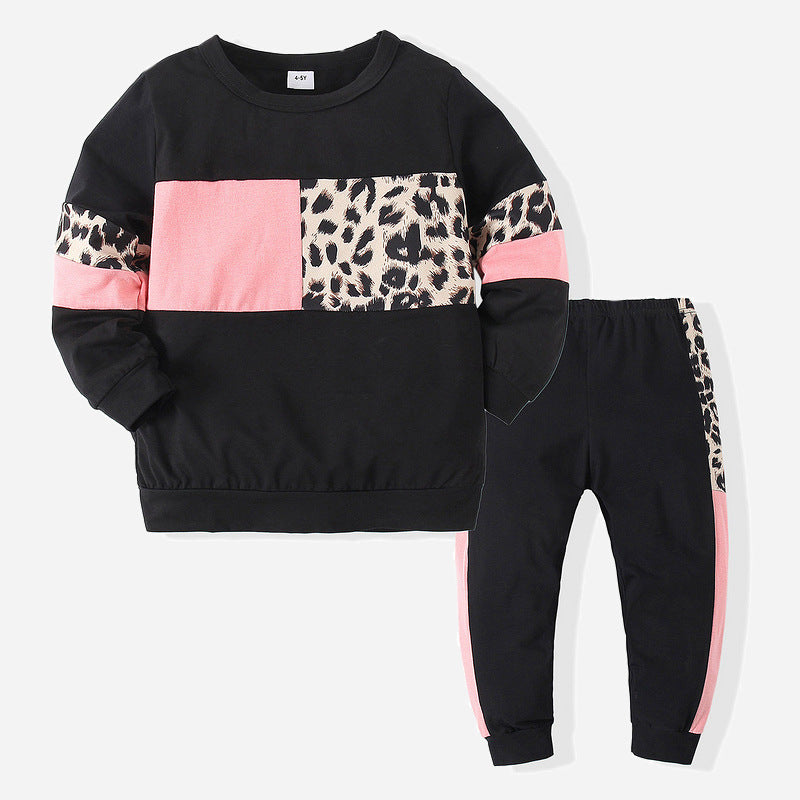 Cross-border trendy sports children's clothing 2021 spring new boys and girls long-sleeved leopard print T-shirts casual trendy clothes two-piece suit