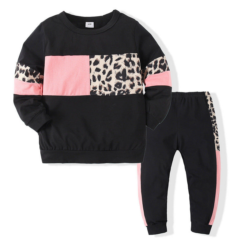 Cross-border trendy sports children's clothing 2021 spring new boys and girls long-sleeved leopard print T-shirts casual trendy clothes two-piece suit