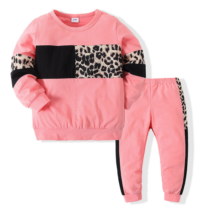 Cross-border trendy sports children's clothing 2021 spring new boys and girls long-sleeved leopard print T-shirts casual trendy clothes two-piece suit