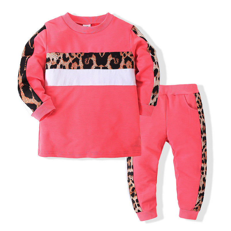 Cross-border trendy sports children's clothing 2021 spring new boys and girls long-sleeved leopard print T-shirts casual trendy clothes two-piece suit