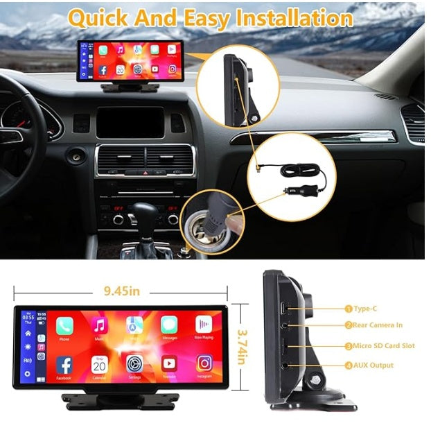 Portable Wireless Carplay With 2.5K Camera, 1080P Back Cam 9.3inches Ultra HD Android Auto Car Play Screen For Car DVR Loop Recording, Bluetooth GPS Navigation Touch Drive Screen With FM