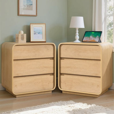 2Pc Set-Natural Curved Nightstands with Charging Station