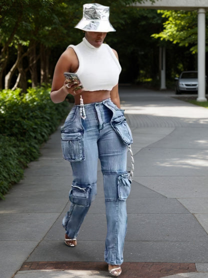 Women's Mid-waisted Washed Straight-Cut Jeans