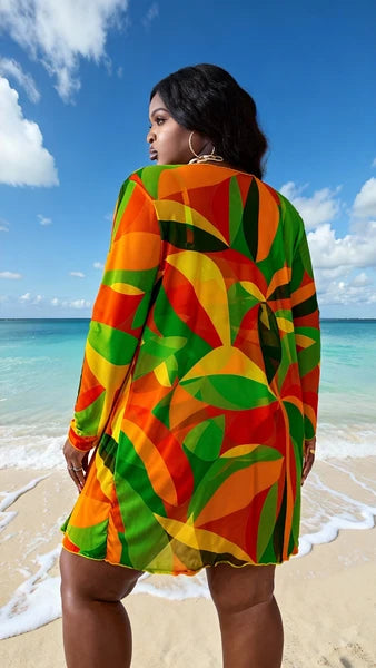 3Pc Multi-Color Patchwork Printed V-Neck Swimsuit