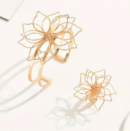 Women's Fashion Jewelry Set, Lattice Flower Ring and Bracelet With Inlaid Lattice Line Flower