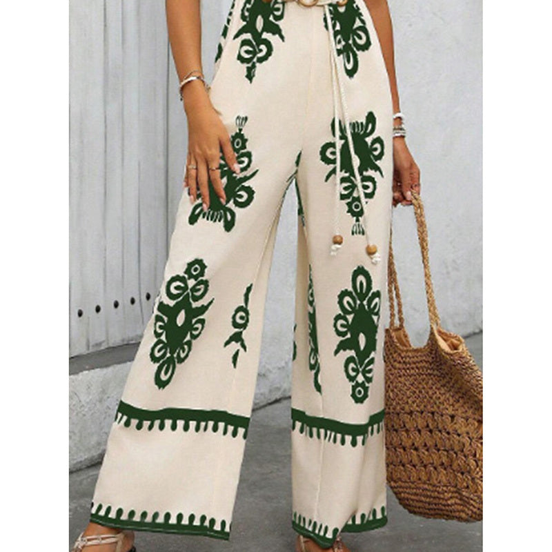 Women's Summer Boho Jumpsuits One Piece Beach Vacation Outfits Shirred Strap Wide Leg Pants Rompers With Pockets