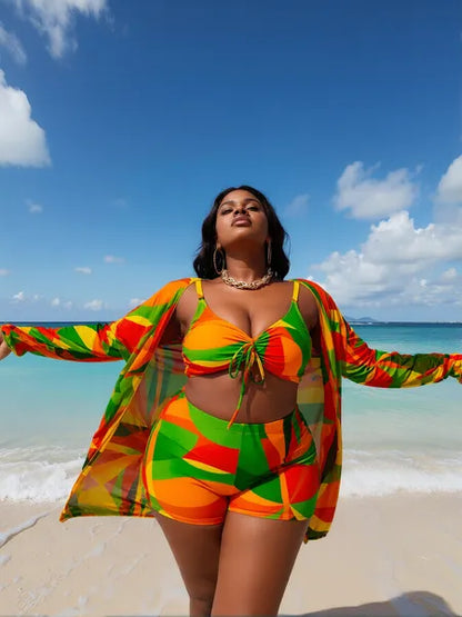 3Pc Multi-Color Patchwork Printed V-Neck Swimsuit