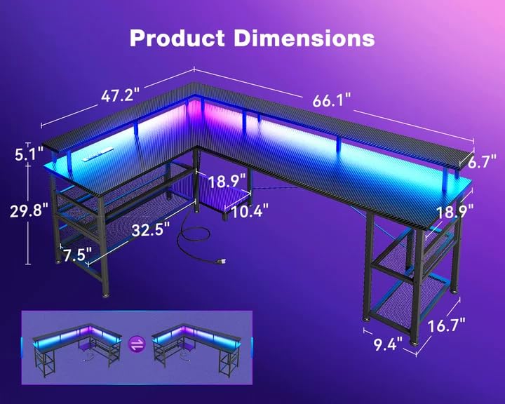 L-Shaped Gaming Desk with Power Outlet and LED Lights