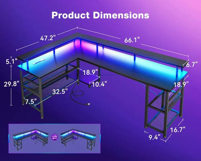 L-Shaped Gaming Desk with Power Outlet and LED Lights