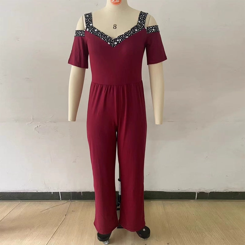 Plus Size Women's Solid Color V-Neck Jumpsuit With Rhinestone Detail - Wide Leg Romper For Spring&Summer