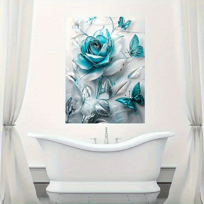 Turquoise Blue Crystal Rose & Teal Butterflies Canvas Wall Art With Wooden Frame