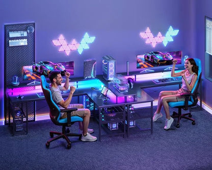 L-Shaped Gaming Desk with Power Outlet and LED Lights