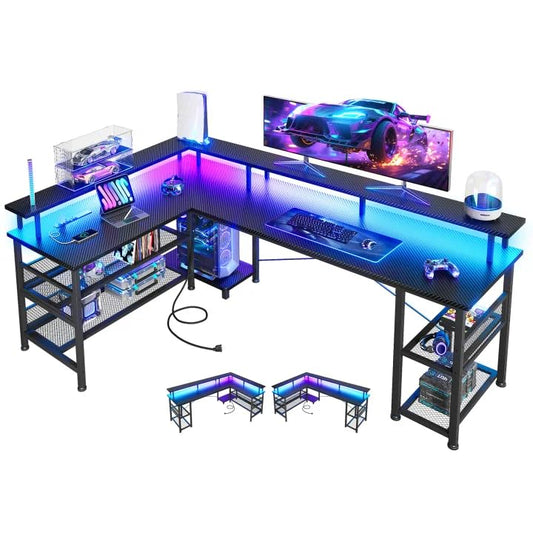 L-Shaped Gaming Desk with Power Outlet and LED Lights