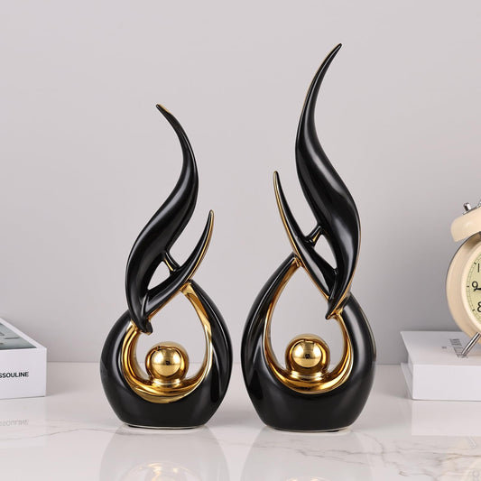 2 PCS Black Gold Ceramic Statues For Home Decor Accents