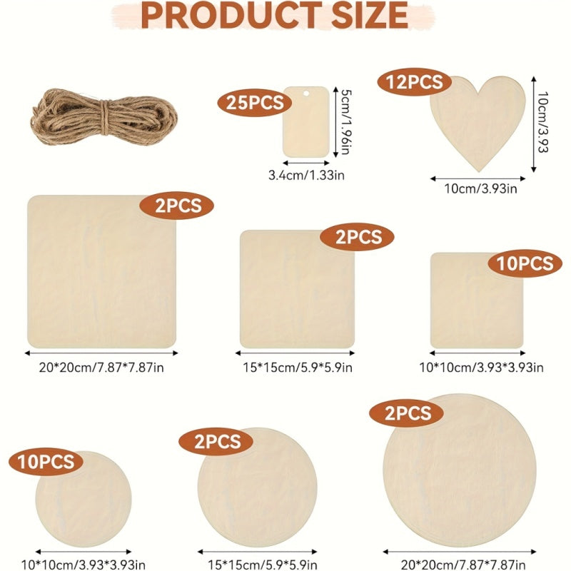 65-Piece Untreated Wood Board Set - Handmade Materials - Includes Hemp Rope - Mixed Round, Square, And Heart-Shaped Wood Pieces - Blank Decorative Signs - Suitable For Painting And Writing