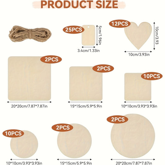 65-Piece Untreated Wood Board Set - Handmade Materials - Includes Hemp Rope - Mixed Round, Square, And Heart-Shaped Wood Pieces - Blank Decorative Signs - Suitable For Painting And Writing