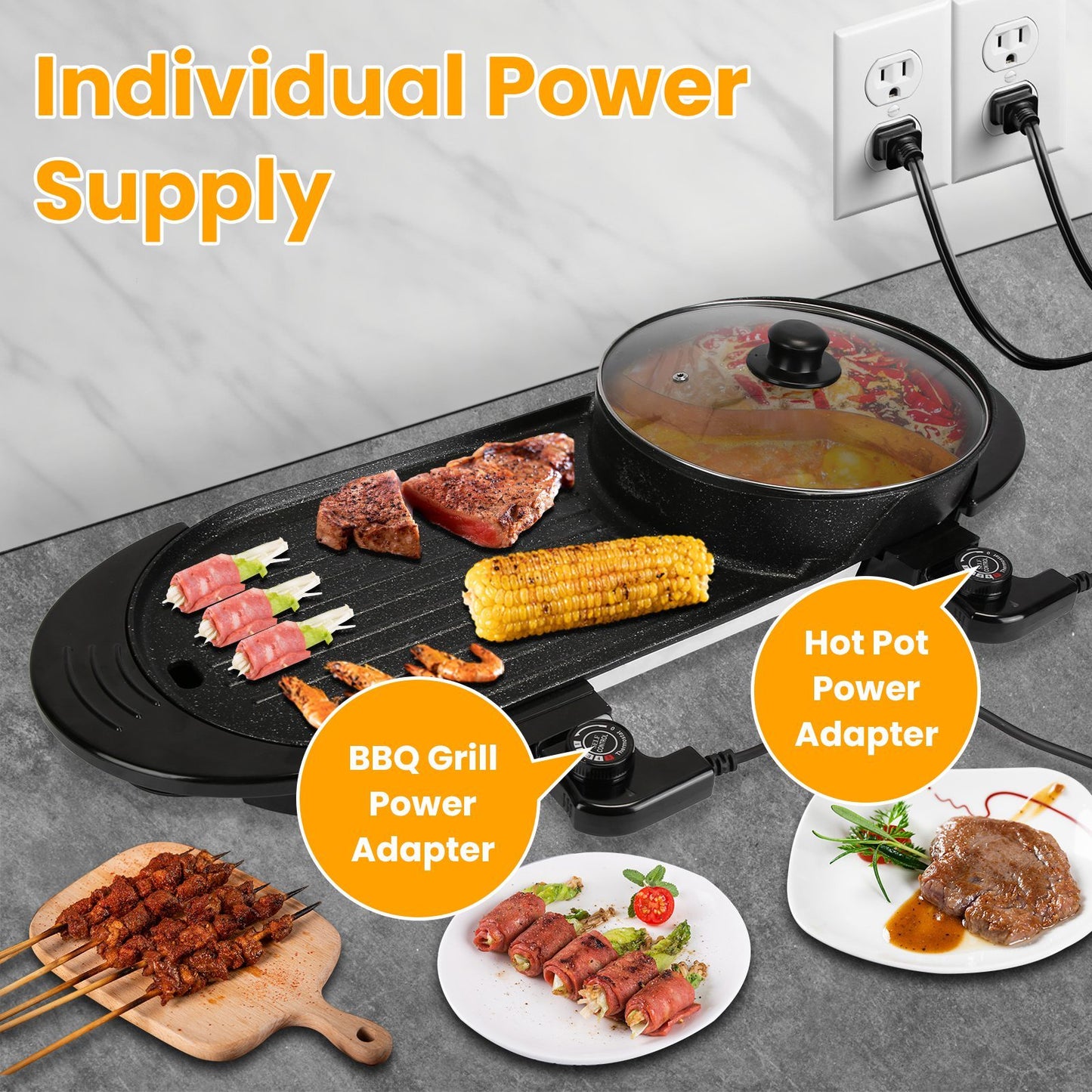 2200W  2 In 1 Electric Hot Pot With BBQ Grill Cooker Smokeless Non-Stick