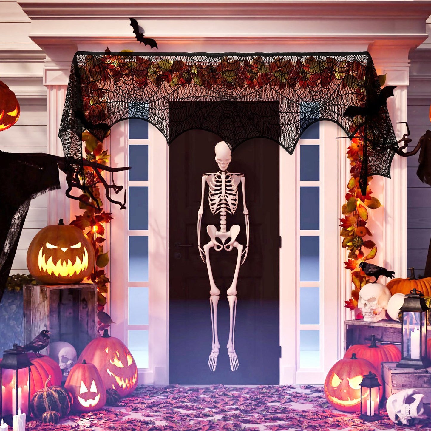 Halloween Decoration Black Lace Spiderweb Fireplace Mantle Scarf Cover Festive Party Supplies Fireplace Scarf 96 X 18 Inch For Halloween Christmas Party Door Window Decoration